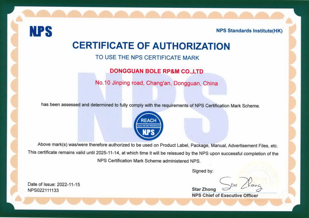 Certificate of Authorization CNC Machining Factory Passed Safety Certification NPS