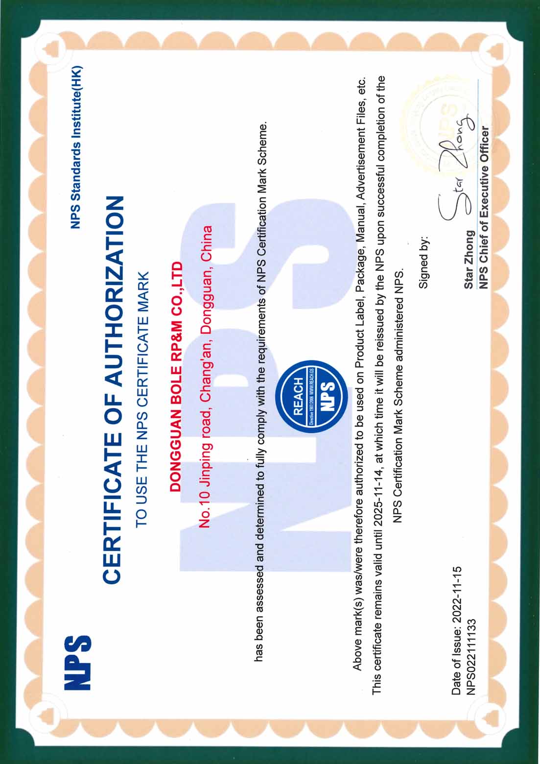 NPS Certificate CNC Machining Factory Passed Safety Certification NPS