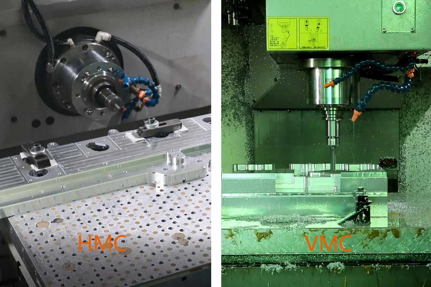 Comparison between a horizontal machining center (HMC) and a vertical machining center (VMC) by Bole Solutions, highlighting differences in orientation and applications.