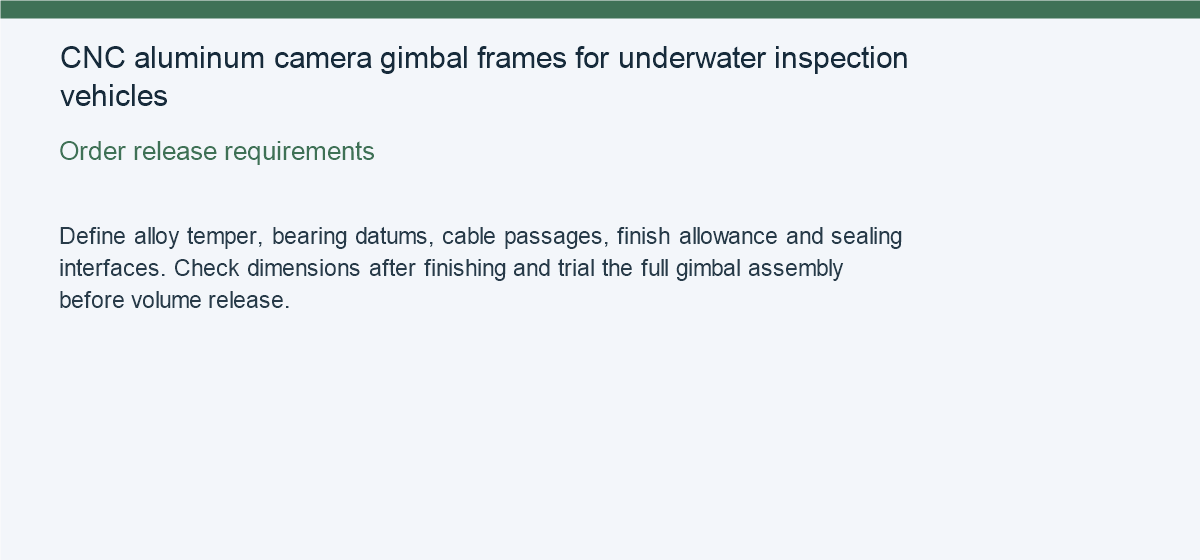 CNC aluminum camera gimbal frames for underwater inspection vehicles — Order release requirements