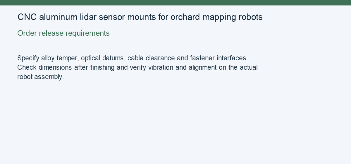CNC aluminum lidar sensor mounts for orchard mapping robots — Order release requirements