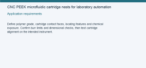 CNC PEEK microfluidic cartridge nests for laboratory automation — Application requirements