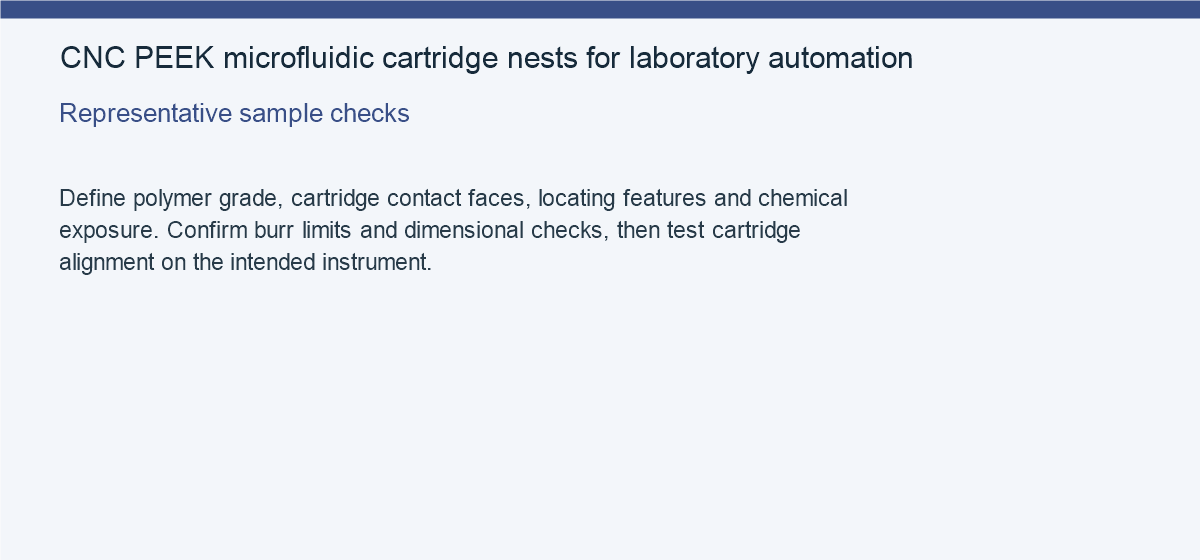 CNC PEEK microfluidic cartridge nests for laboratory automation — Representative sample checks