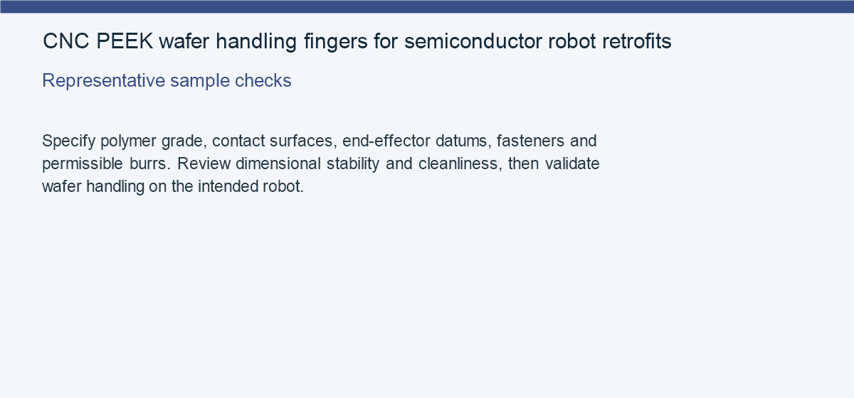 CNC PEEK wafer handling fingers for semiconductor robot retrofits — Representative sample checks