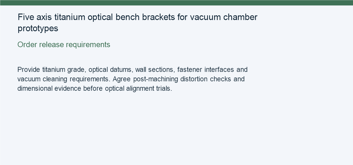 Five axis titanium optical bench brackets for vacuum chamber prototypes — Order release requirements