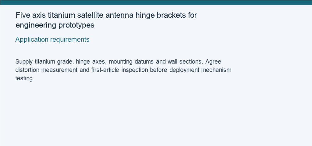 Five axis titanium satellite antenna hinge brackets for engineering prototypes — Application requirements