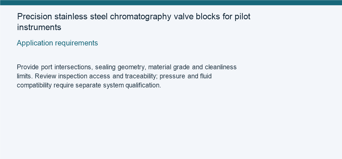 Precision stainless steel chromatography valve blocks for pilot instruments — Application requirements