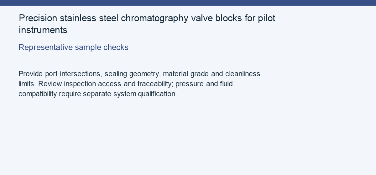 Precision stainless steel chromatography valve blocks for pilot instruments — Representative sample checks