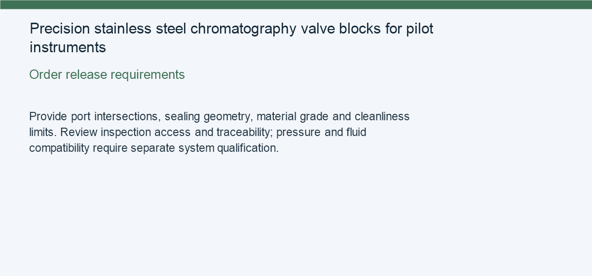 Precision stainless steel chromatography valve blocks for pilot instruments — Order release requirements