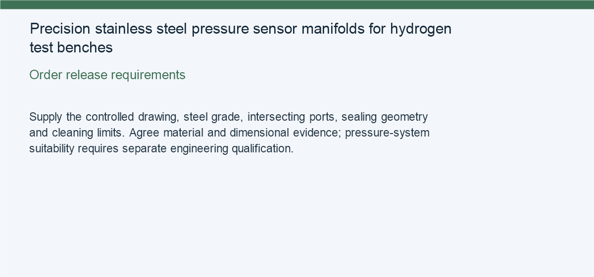 Precision stainless steel pressure sensor manifolds for hydrogen test benches — Order release requirements