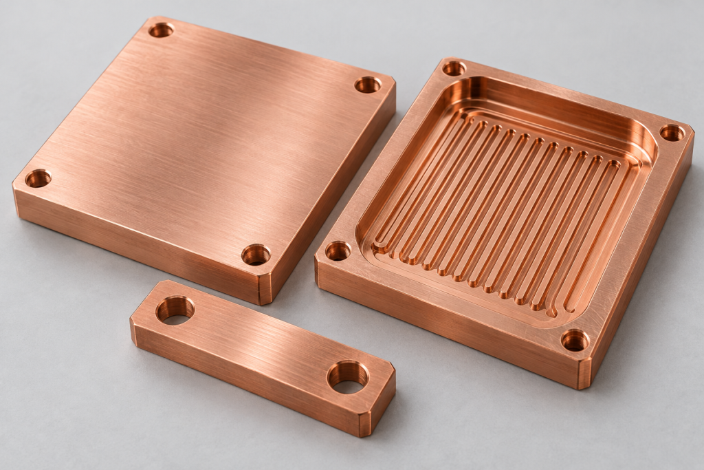 Illustration of machined copper heat spreader, cold-plate channels and terminal