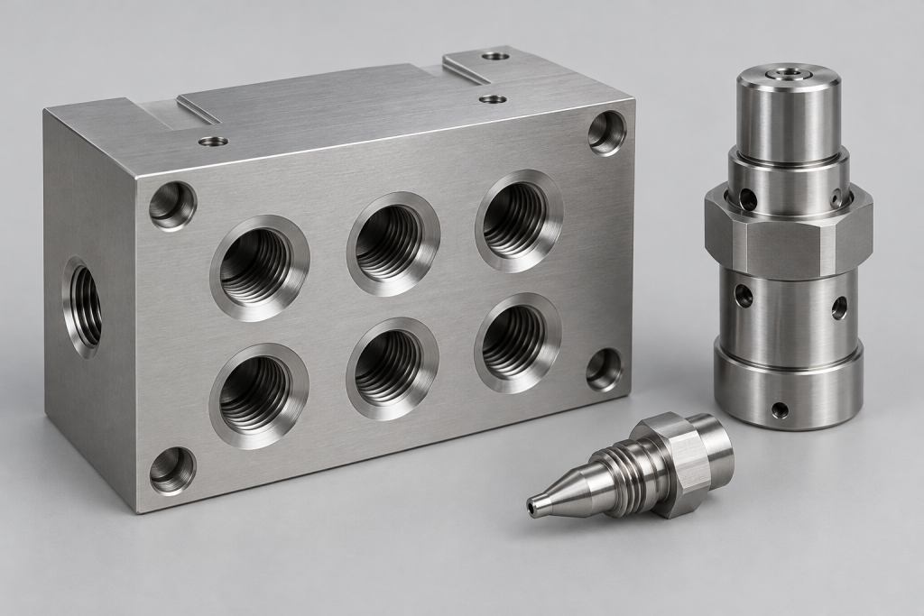 Illustration of machined metal manifold, valve body and dosing nozzle