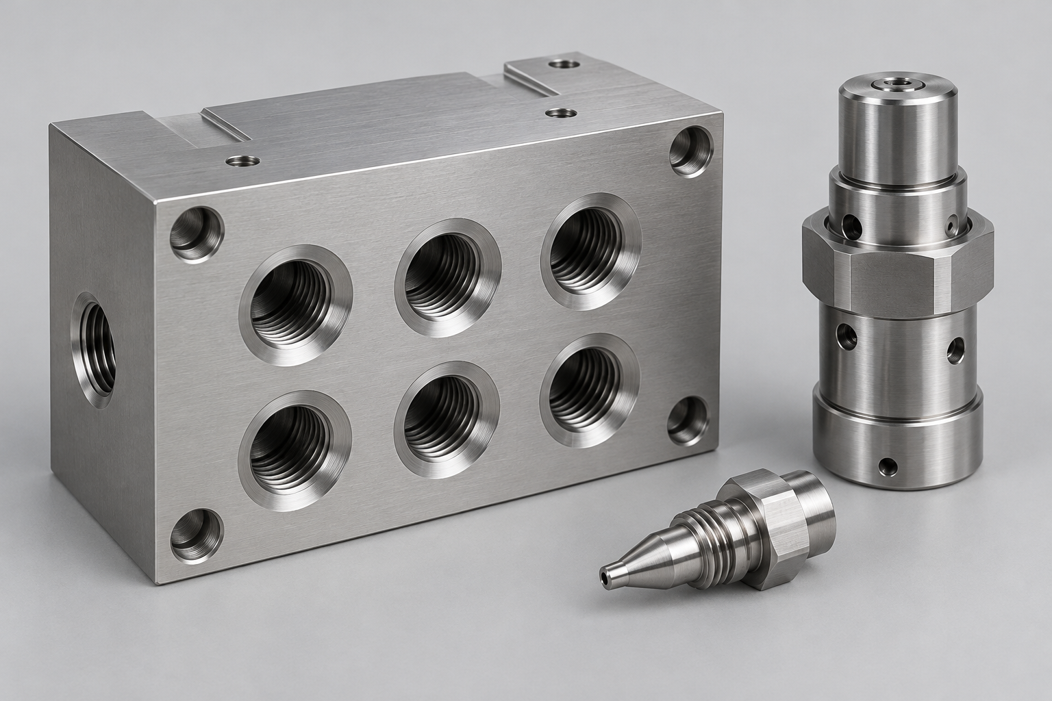 Illustration of machined metal manifold, valve body and dosing nozzle