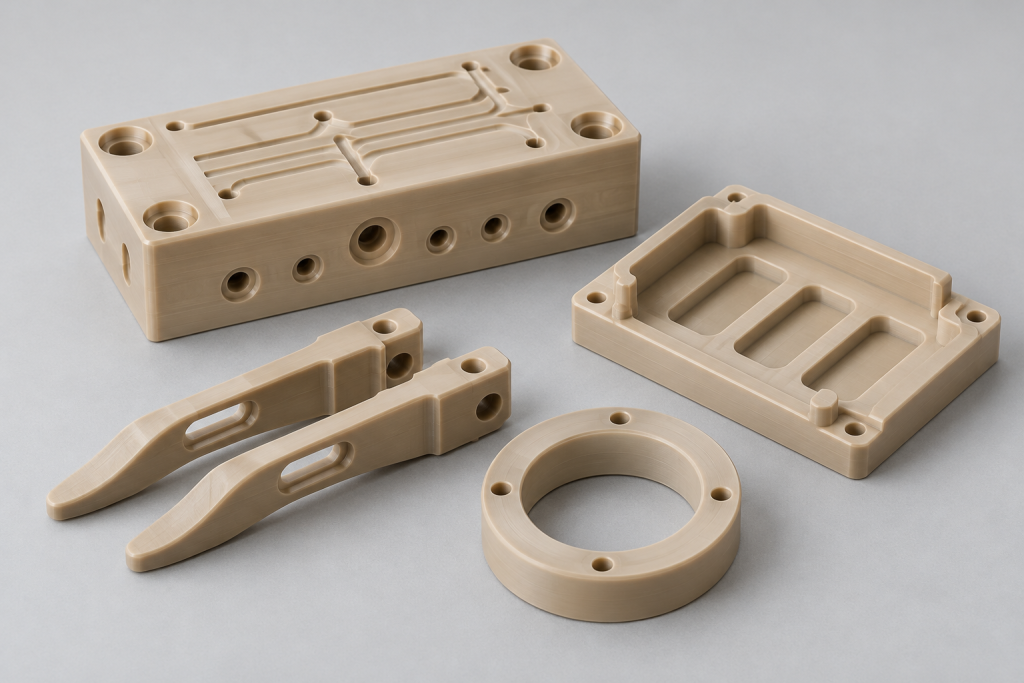 Illustration of machined PEEK manifold, gripper fingers, cartridge nest and spacer