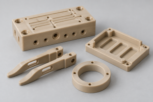 Illustration of machined PEEK manifold, gripper fingers, cartridge nest and spacer