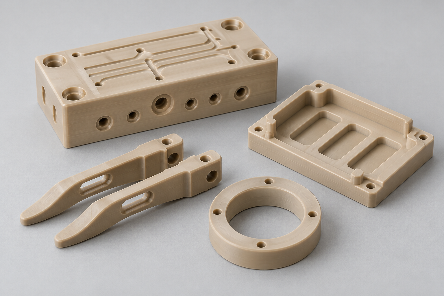 Illustration of machined PEEK manifold, gripper fingers, cartridge nest and spacer