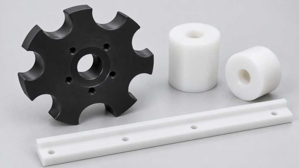 Illustration of polymer conveyor star wheel, guide rollers and wear strip